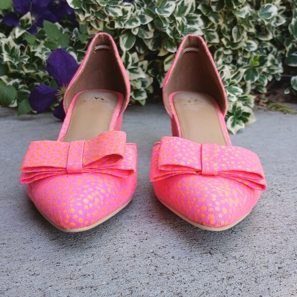 Shoedazzle Madison Neon Pink Orange Pointy toe Double D'orsay Bow Heels NWOT - Picture 3 of 6
